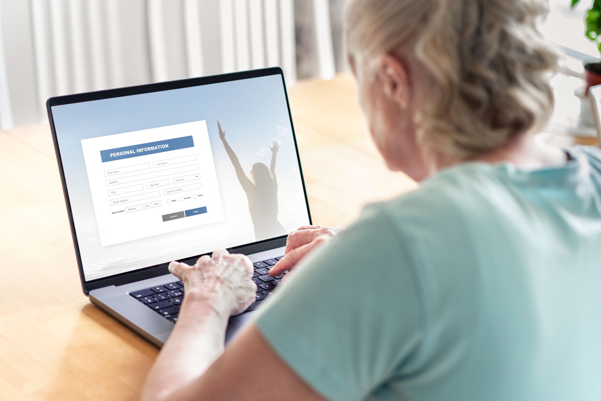 Old woman and elder senior using laptop. Online form to register data. Patient information to health care website or doctor on internet. Registration, questionnaire or survey.